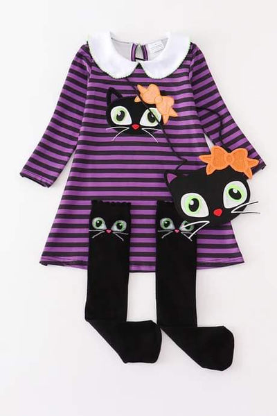 Black Kitty Cat Purple Stripe Collar Dress Set