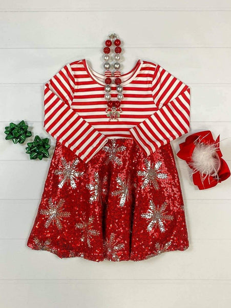 Red Stripe + Sequin Snowflake Dress