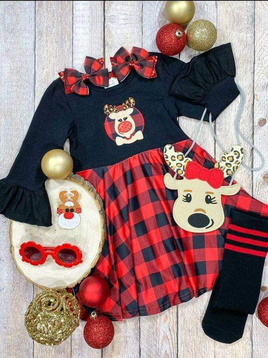 white christmas dresses Reindeer and Buffalo Plaid Twirl Dress – Kids Bowtique Shop