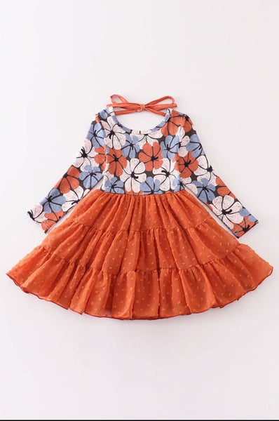 Blue and Rust Floral Print Tiered Tulle Dress