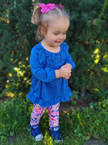 Blue Ruffle Tunic Top with Pink Floral Pattern Leggings
