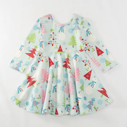 Mint Blue Holiday Trees Twirl Dress – Kids Bowtique Shop