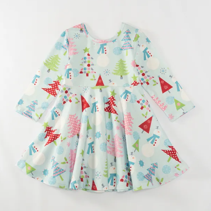 Mint Blue Holiday Trees Twirl Dress