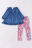 Blue Ruffle Tunic Top with Pink Floral Pattern Leggings