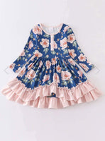 Navy and Cream Floral Ruffle Trim Twirl Dress