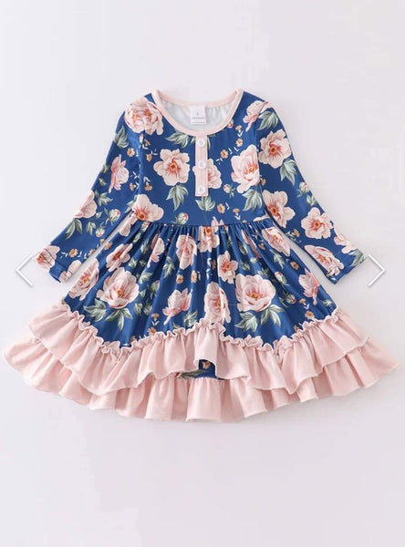 Navy and Cream Floral Ruffle Trim Twirl Dress