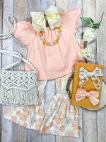 Pink Flutter Top with Spring Blooms Bell Pants Set