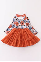 Blue and Rust Floral Print Tiered Tulle Dress