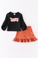 Pumpkin Spice Black Twist Sleeve Top with Pumpkin Color Skirt