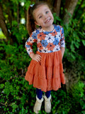 Blue and Rust Floral Print Tiered Tulle Dress