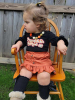 Pumpkin Spice Black Twist Sleeve Top with Pumpkin Color Skirt