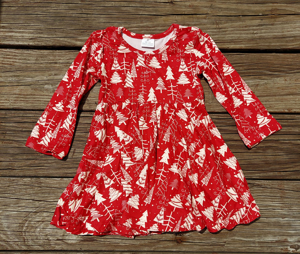 Red with White Snowy Trees Twirl Dress