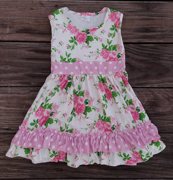 Pink Floral w/ Polka Dot Trim Sleeveless Dress