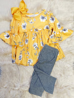 Mustard and Gray Floral Ruffle Top with Gray Cotton Capris