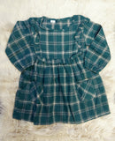 Hunter Green Plaid Ruffle Trim Long Sleeve Dress