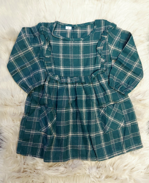 Hunter Green Plaid Ruffle Trim Long Sleeve Dress