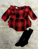 Red & Black Buffalo Plaid Ruffle Infant Romper