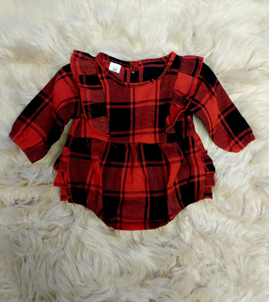 Red & Black Buffalo Plaid Ruffle Infant Romper