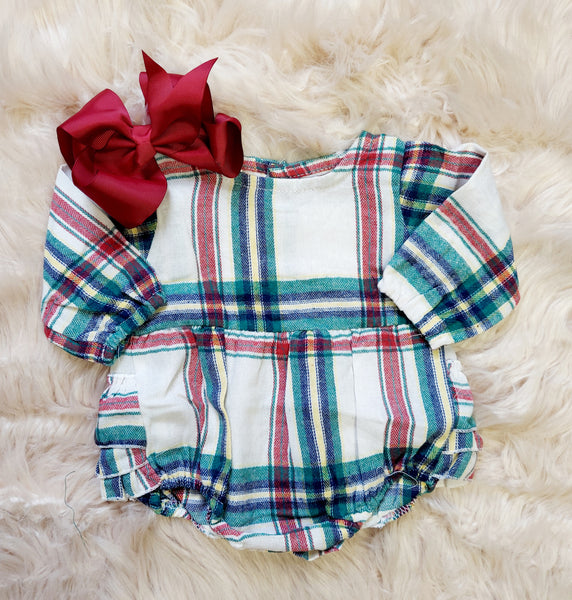 Christmas Plaid Long Sleeve Cotton Ruffled Romper