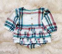 Christmas Plaid Long Sleeve Cotton Ruffled Romper