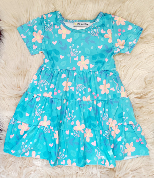 Light Teal and Peach Floral Tiered Dress