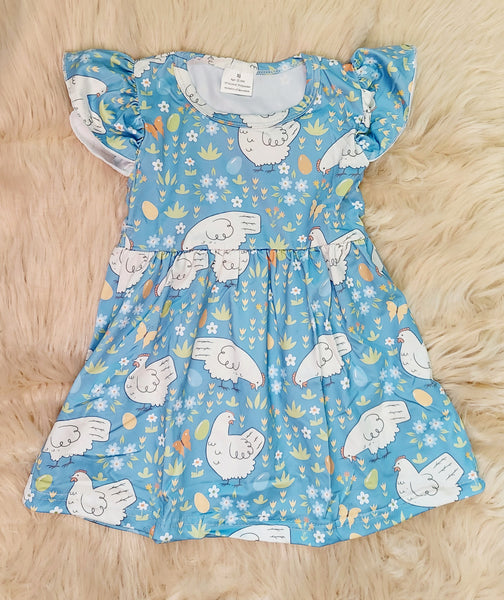 Baby Blue Hen Twirl Dress with Flutter Sleeves