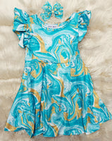 Seafoam Swirl Flutter Sleeve Twirl Dress + Bow