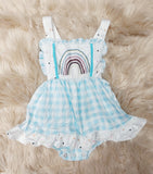 Blue Gingham and Rainbows Romper