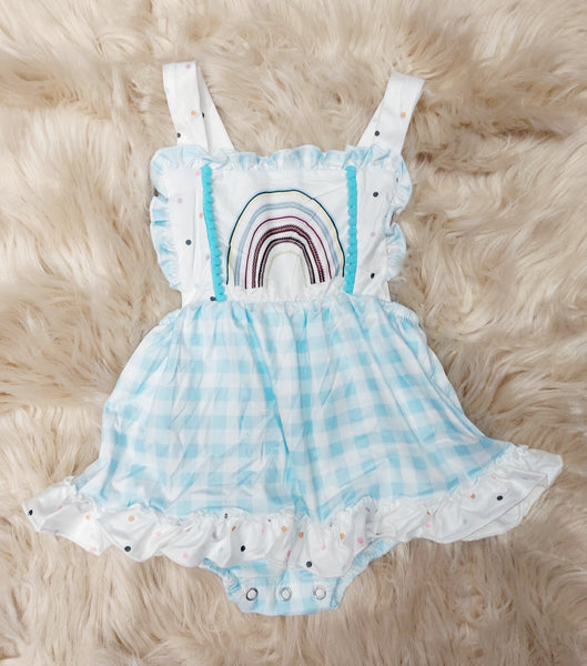 Blue Gingham and Rainbows Romper