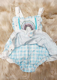 Blue Gingham and Rainbows Romper