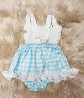 Blue Gingham and Rainbows Romper