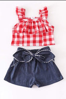 Red Gingham Plaid Chambray Short Set