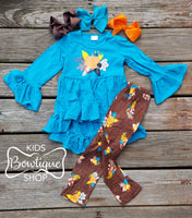 Teal & Brown High Low Floral Pant Set