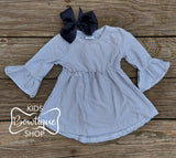 Gray Stripe Tunic with 3/4 Ruffle Sleeves