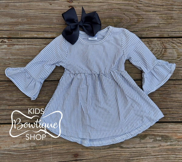 Gray Stripe Tunic with 3/4 Ruffle Sleeves