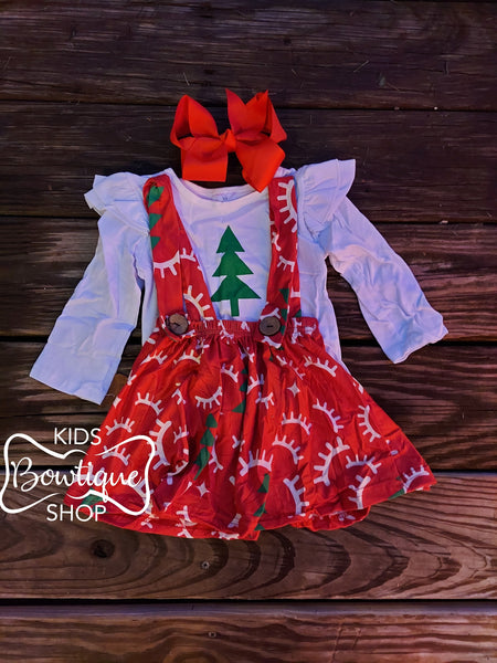 Red Suspender Skirt with Tree Tee