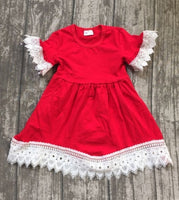 Red Cotton Pearl Dress with Lace Trim