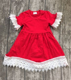 Red Cotton Pearl Dress with Lace Trim