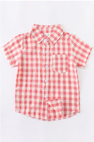 Button Down Short Sleeve Blush Red Gingham Plaid Shirt