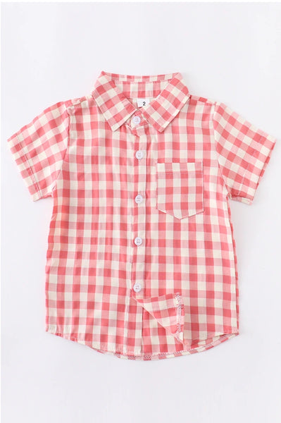 Button Down Short Sleeve Blush Red Gingham Plaid Shirt