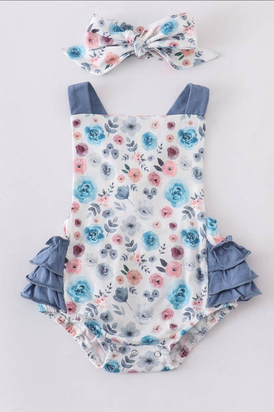 Chambray Ruffled Floral Romper