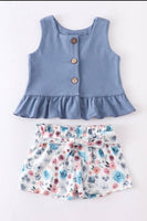 Denim Look Cotton Tank with Floral Paperbag Shorts