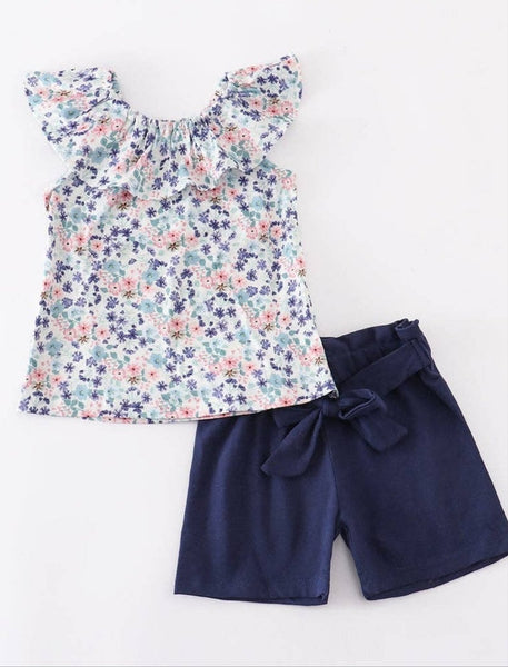 Anna Navy Floral Paper Bag Short Set