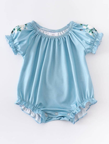 Blue Floral Sleeve Silky Romper