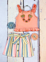 Coral Ruffle Trim Tank with Belted Stripe Skirt