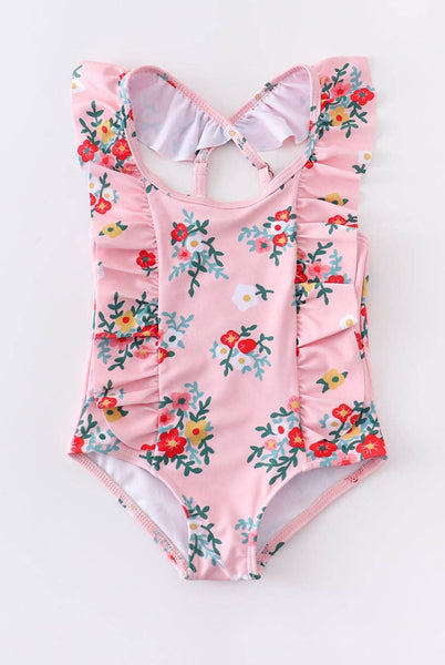 Floral Print Double Ruffle Front Swim Suit