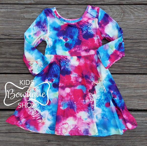 Pink & Blue Twirl Long Sleeve Tie Dye Dress