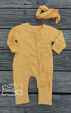 Mustard Striped Zip Ruffled Romper
