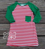 Red & White Striped Green Pocket Dress