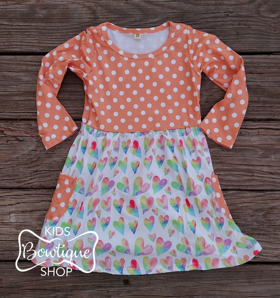 Peach Polka Dot & Tie Dye Hearts LS Dress